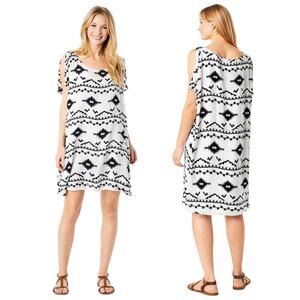 BB Dakota Melody Aztec Shift Mini Dress Slit Shoulder Off White Size XS